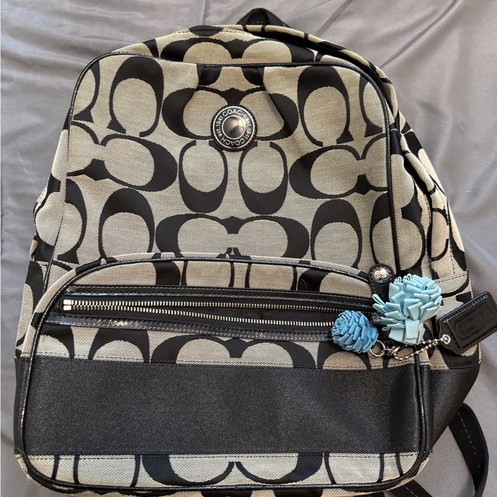 Coach Black and Khaki Signature Canvas Backpack with Blue Floral Charm